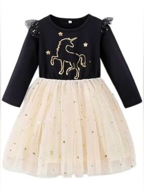 Toddler Girl Long Sleeve Black Yarn Skirt Horse Sequin in Beige Tops-SIZE 5/6